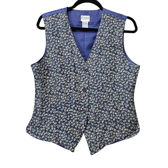 Backroad Blues Vintage Silk Floral Button Up Sleeveless Blue Lightweight Vest - Picture 1 of 5